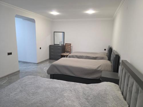 a bedroom with two beds and a dresser and a mirror at Gohar Bed and Breakfast in Tatʼev