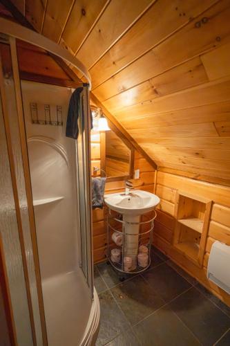 a bathroom with a shower and a sink at Chalets Gallix in Sept-Îles