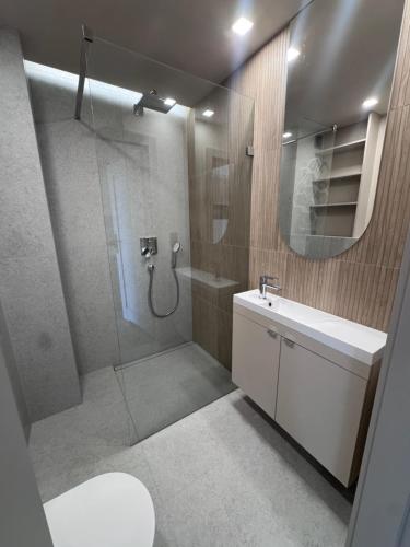 a bathroom with a shower and a toilet and a sink at Diuna Apartamenty in Rowy