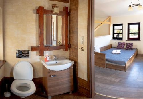a bathroom with a toilet and a sink and a bed at Zaciszna Przystań Dębina in Debina