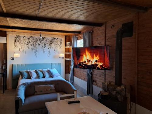 a living room with a couch and a fireplace at La Posada de Tafi in Tafí del Valle