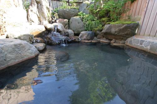 a pool of water with rocks in a yard at Nakamurakan in Takayama