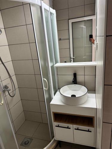 a small bathroom with a sink and a shower at Sunrise house apartments in Ulcinj