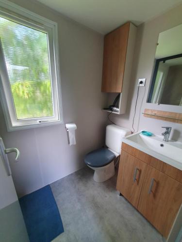 a bathroom with a toilet and a sink and a window at HerGine in Pérols