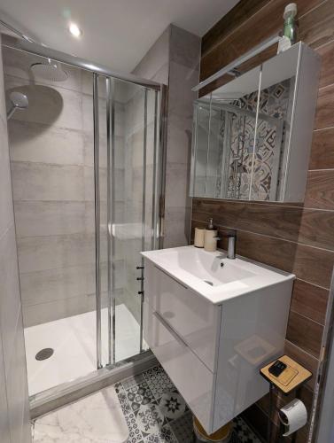 a bathroom with a white sink and a shower at L'industriel in Sarreguemines