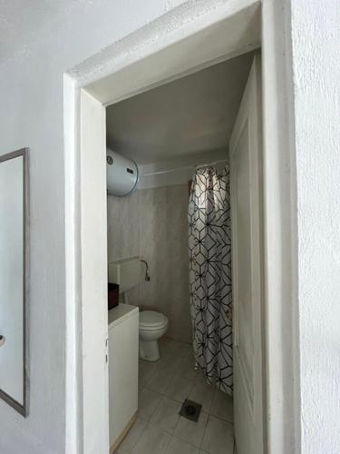 a bathroom with a toilet and a shower curtain at Avli Cozy Home in Karditsomagoúla