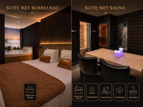 two pictures of a hotel room with a bed and a table at Zeeuws Ontspannen - Privé Wellness & Suites in Middelburg