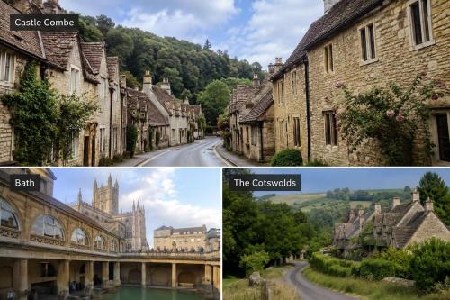a collage of two pictures of an old town at Wiltshire Weavers Hut in Chippenham
