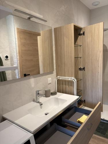 a bathroom with a sink and a mirror at Appartement PICHOLINE in Saint-Sorlin-en-Bugey