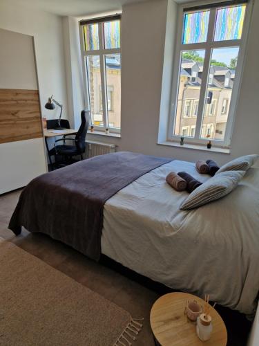 a bedroom with a large bed with two pillows on it at Echternach Center Charming Apartment in Echternach