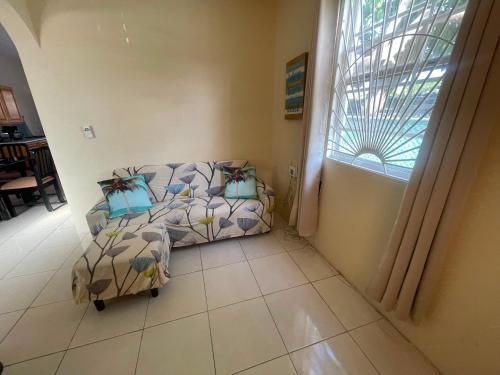 a living room with a couch and a window at Cozy Suite, Wifi, Ac in Bedroom & 1 Minute Walk to West Coast Beach! in Saint James