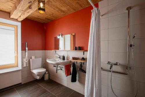 a bathroom with a toilet and a sink and a shower at Maison d hôtes Les Bruyères in Bonvillars