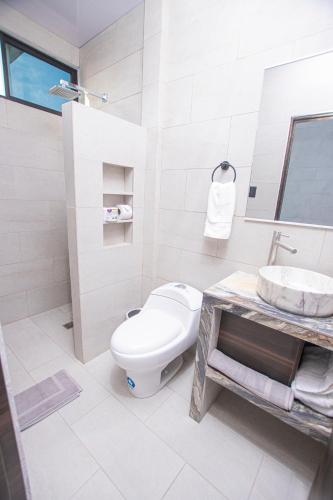 a white bathroom with a toilet and a sink at Hospedaje Zerimar Hab 7 in Puerto Baquerizo Moreno