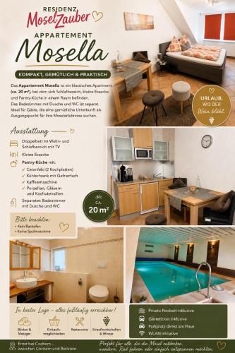 a collage of photos of a living room and a house at Residenz Moselzauber - Ferienwohnungen mit Pool Landschaft in Ernst