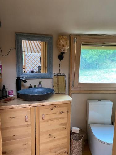a bathroom with a blue sink and a window at Káli Jurta in Tapolca