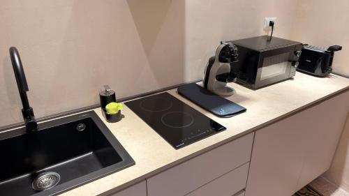 a kitchen counter with a sink and a microwave at B&B Casa di Leo in Brindisi