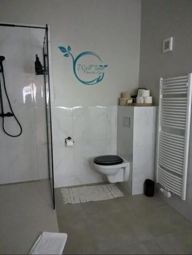 a bathroom with a toilet and a shower at Luxus Spa Wellness Apartment in Heiligenhaus