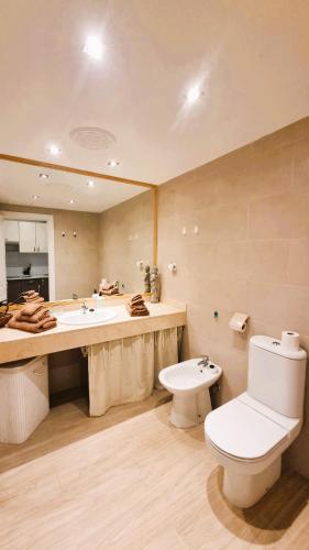 a bathroom with a white toilet and a sink at Apartamento Oasis Tamarindo Vista Al Mar in Corralejo