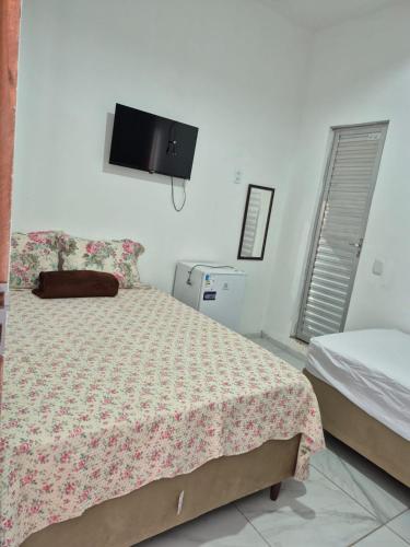 a bedroom with a bed and a tv on the wall at Manancial de Aguas V in Barreirinhas