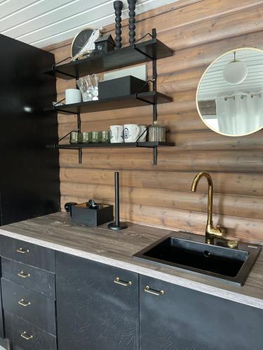 a kitchen with a sink and a wooden wall at Paraisten Helmi in Lönäs