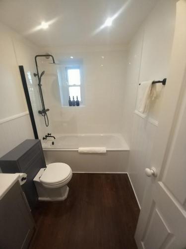 a white bathroom with a toilet and a shower at Clubhouse 3 in Bedale