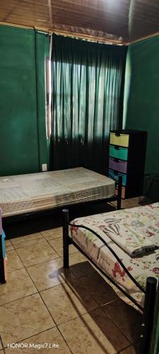 two beds in a room with a green wall at Casa Amarilla in San Blas