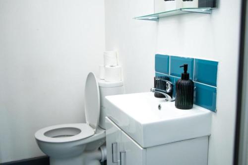 a white bathroom with a toilet and a sink at Stylish Studio in the Heart of Sheffield in Sheffield