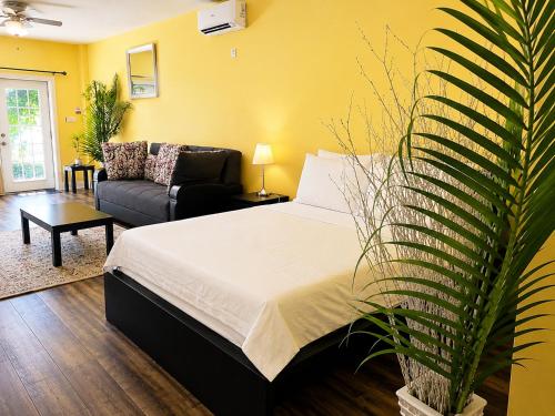 a bedroom with a bed and a couch and a plant at Torraille Waterfall Villas in Soufrière
