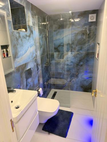 a bathroom with a shower and a toilet and a sink at Gatwick LUXURY STUDIO FLAT in Crawley