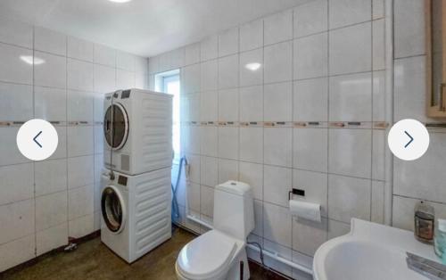 a bathroom with a toilet and a washing machine at Grå villa in Vislanda
