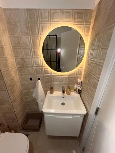 a bathroom with a white sink and a mirror at Apartman 4N with free parking in Belgrade