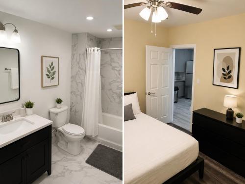 two pictures of a bathroom with a bed and a sink at Torraille Waterfall Villas Main Suites in Soufrière