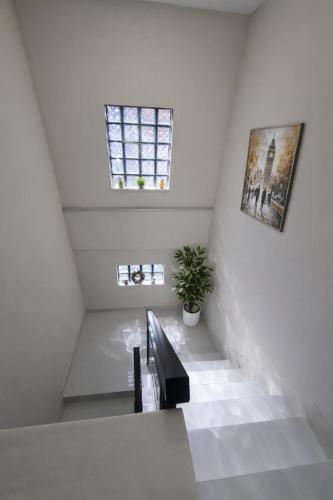 a staircase in a white room with a window and a plant at Apartmani Sjenjak Prestige in Tuzla