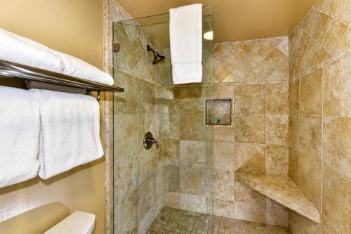 a bathroom with a shower and a toilet at Spacious 2BR condo with pool, fireplace,at Silverado Country Club in Napa