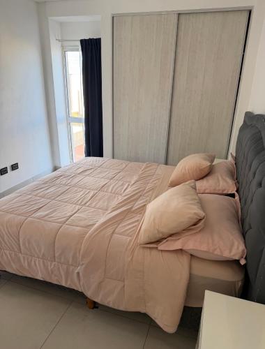 a bedroom with a large bed with pink pillows at Aura Residence in Comodoro Rivadavia