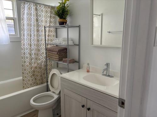 a white bathroom with a toilet and a sink at Three bedrooms cozy home in Sydney
