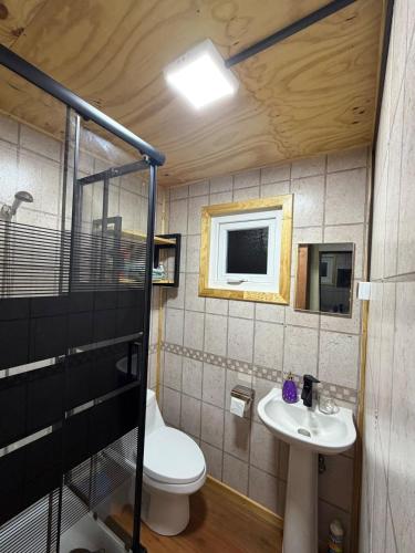 a small bathroom with a toilet and a sink at El Refugio Container in Futaleufú