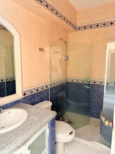 a bathroom with a toilet and a sink and a shower at Villa Linda in Acapulco