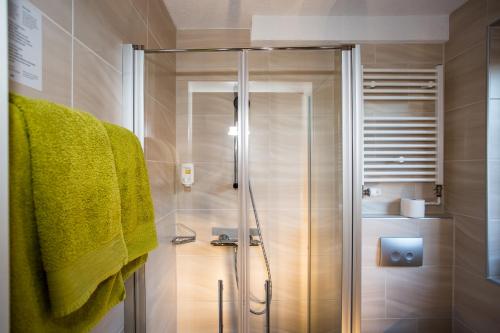 a shower with a glass door in a bathroom at Hotel Wagner Am Marktplatz in Bad Wimpfen