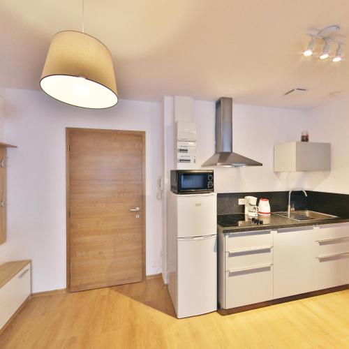 a kitchen with a white refrigerator and a door at Résidence les Cèdres in Strasbourg