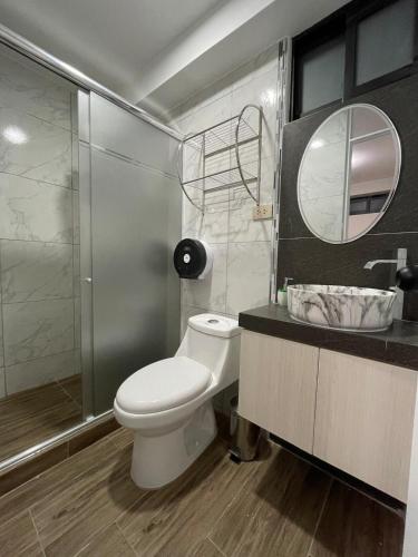 a bathroom with a toilet and a shower and a sink at Olive Loft - Local Sensory and Boutique Experience in Tacna