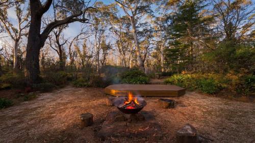 a fire pit in the middle of a field at Le Petit Chateau in Medlow Bath
