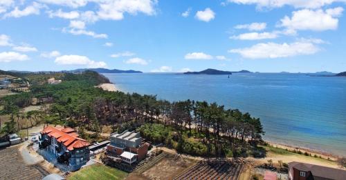 an aerial view of a house next to the ocean at Taean janggog pension in Taean
