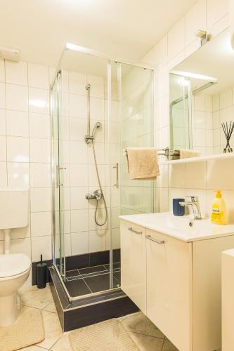 ein Badezimmer mit Dusche, Waschbecken und Toilette in der Unterkunft Apartments Dalia in Vis