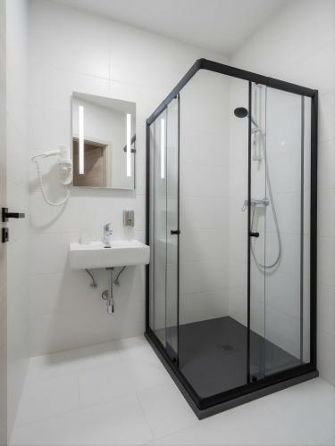 a bathroom with a glass shower and a sink at Zemlinsky Hof in Payerbach