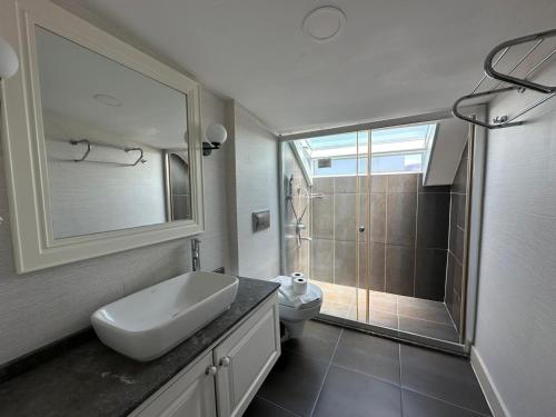 a bathroom with a toilet and a sink and a shower at Defne Beach Karya in Fethiye