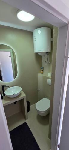 a bathroom with a toilet and a sink and a mirror at Apartmani Luan in Vis