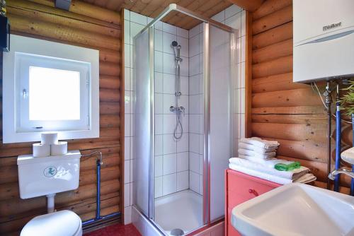 Gemütliche Blockhütte in Wiennähe في Zöfing: حمام مع دش ومغسلة