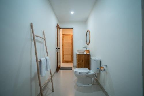 a white bathroom with a toilet and a sink at River Temple Villa in Ubud