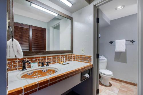 a bathroom with a sink and a mirror and a toilet at La Posada Lodge & Casitas, an Ascend Collection Hotel in Tucson